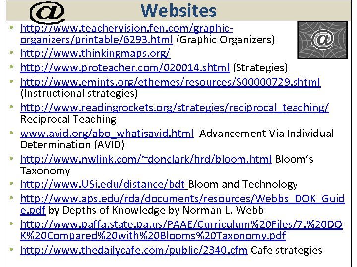 Websites • http: //www. teachervision. fen. com/graphicorganizers/printable/6293. html (Graphic Organizers) • http: //www. thinkingmaps.