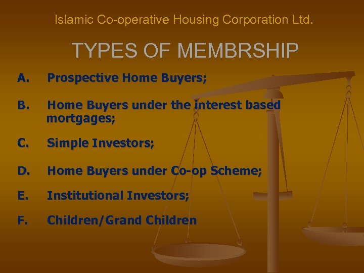 Islamic Co-operative Housing Corporation Ltd. TYPES OF MEMBRSHIP A. Prospective Home Buyers; B. Home