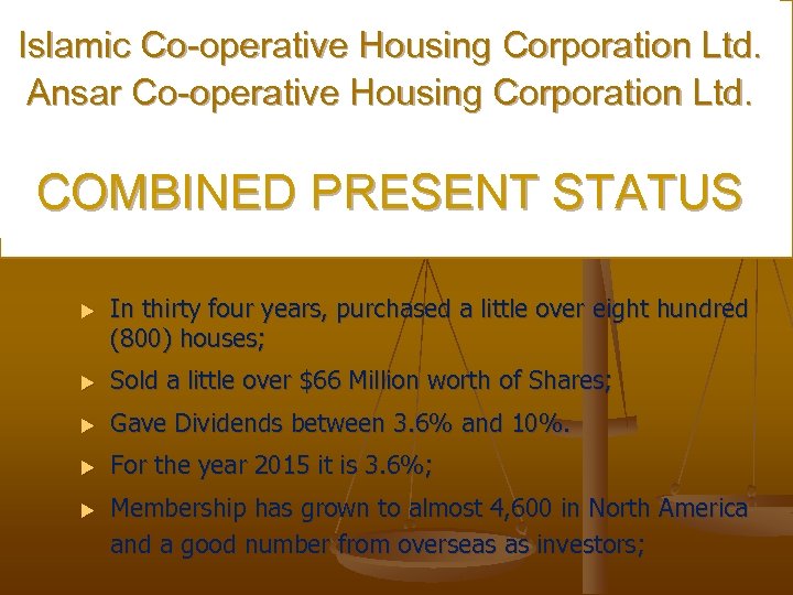 Islamic Co-operative Housing Corporation Ltd. Ansar Co-operative Housing Corporation Ltd. COMBINED PRESENT STATUS In