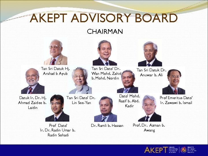 AKEPT ADVISORY BOARD CHAIRMAN Tan Sri Datuk Hj. Arshad b Ayub Datuk Ir. Dr.