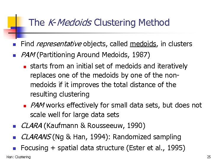 The K-Medoids Clustering Method n Find representative objects, called medoids, in clusters n PAM
