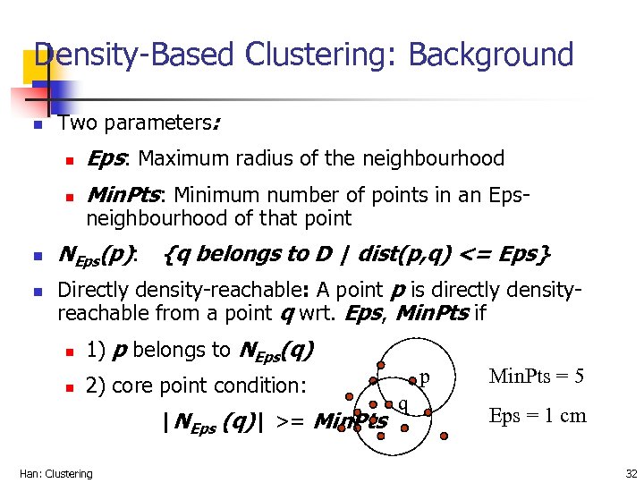 Density-Based Clustering: Background n Two parameters: n n Eps: Maximum radius of the neighbourhood
