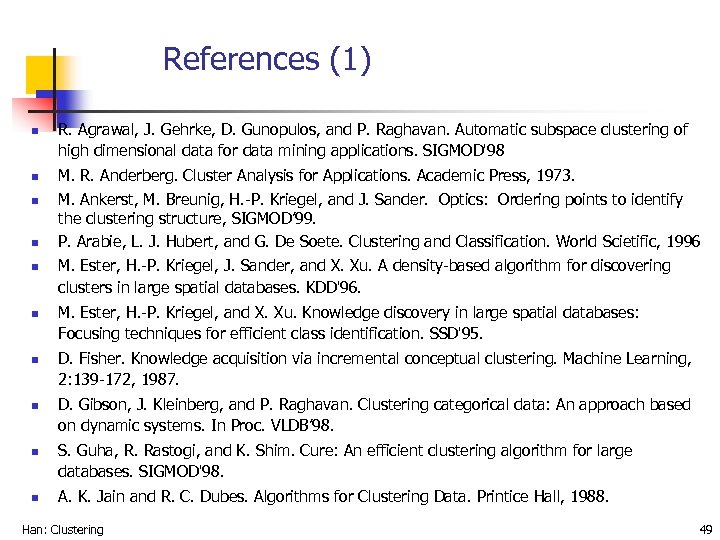 References (1) n n n n n R. Agrawal, J. Gehrke, D. Gunopulos, and