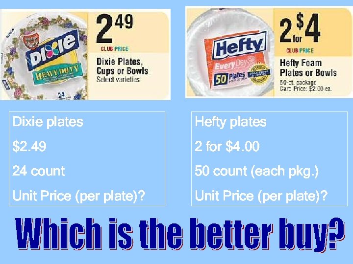 Dixie plates Hefty plates $2. 49 2 for $4. 00 24 count 50 count