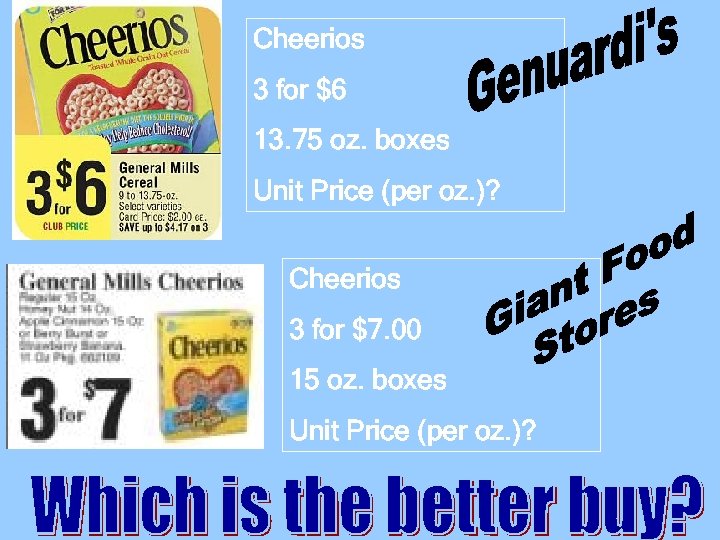 Cheerios 3 for $6 13. 75 oz. boxes Unit Price (per oz. )? Cheerios