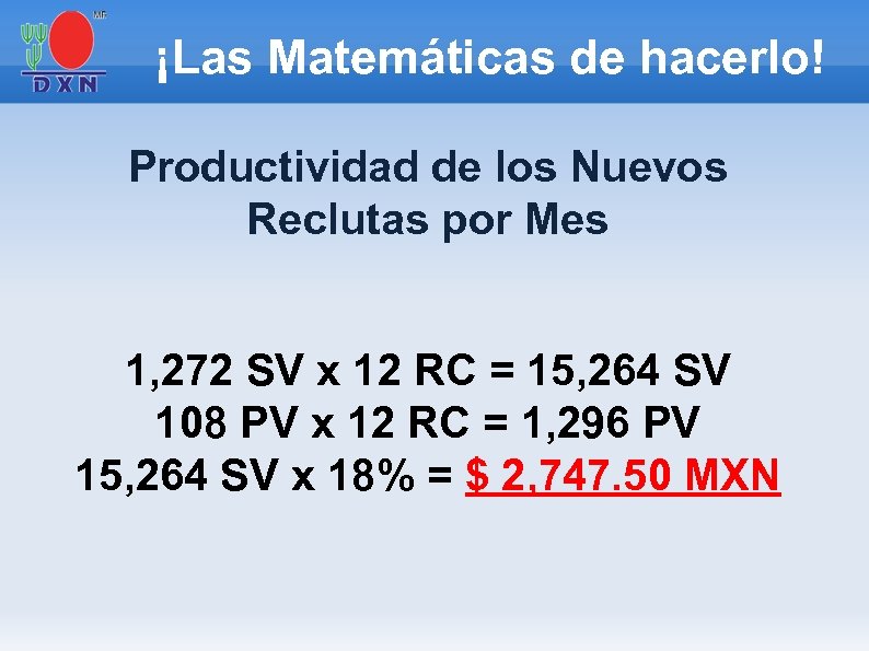 ¡Las Matemáticas de hacerlo! Productividad de los Nuevos Reclutas por Mes 1, 272 SV