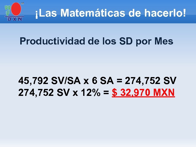 ¡Las Matemáticas de hacerlo! Productividad de los SD por Mes 45, 792 SV/SA x