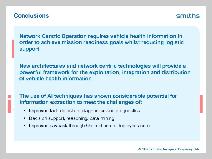 Conclusions Network Centric Operation requires vehicle health information in order to achieve mission readiness