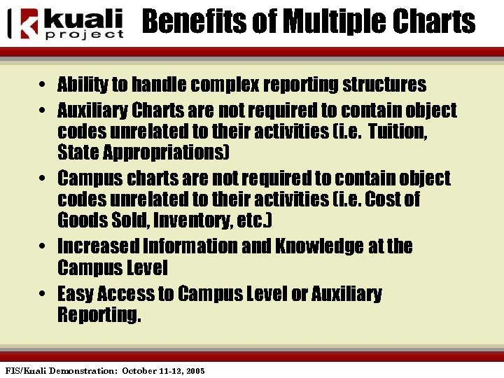 Benefits of Multiple Charts • Ability to handle complex reporting structures • Auxiliary Charts