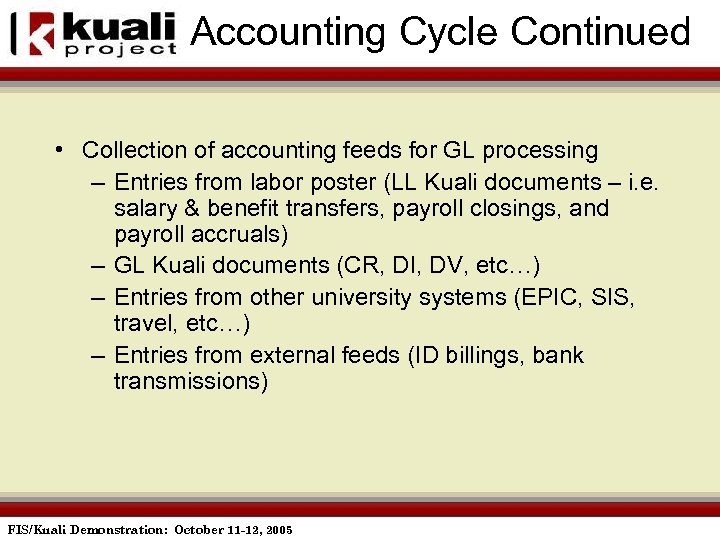 Accounting Cycle Continued • Collection of accounting feeds for GL processing – Entries from