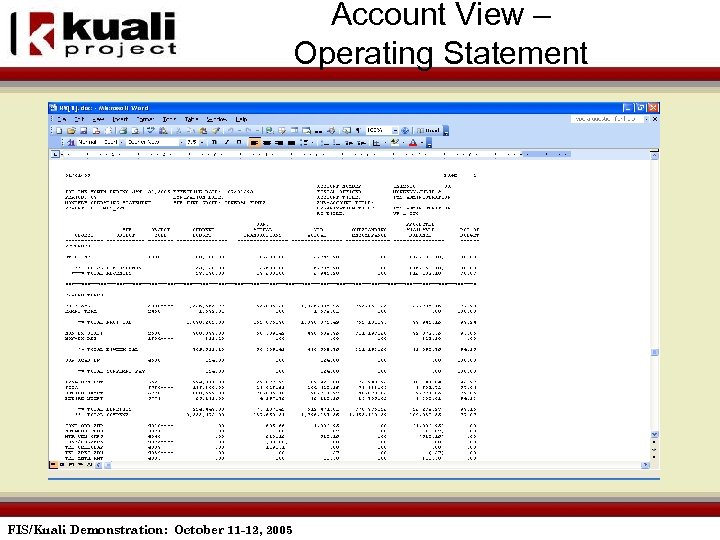 Account View – Operating Statement FIS/Kuali Demonstration: October 11 -12, 2005 