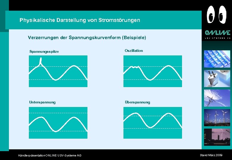 Physikalische Darstellung von Stromstörungen Verzerrungen der Spannungskurvenform (Beispiele) Spannungsspitze Oszillation Unterspannung Überspannung Händlerpräsentation ONLINE
