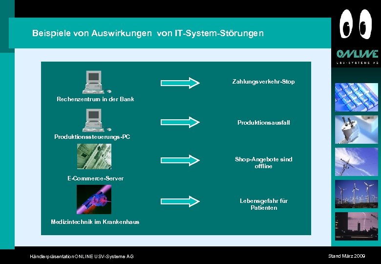 Beispiele von Auswirkungen von IT-System-Störungen Zahlungsverkehr-Stop Rechenzentrum in der Bank Produktionsausfall Produktionssteuerungs-PC Shop-Angebote sind