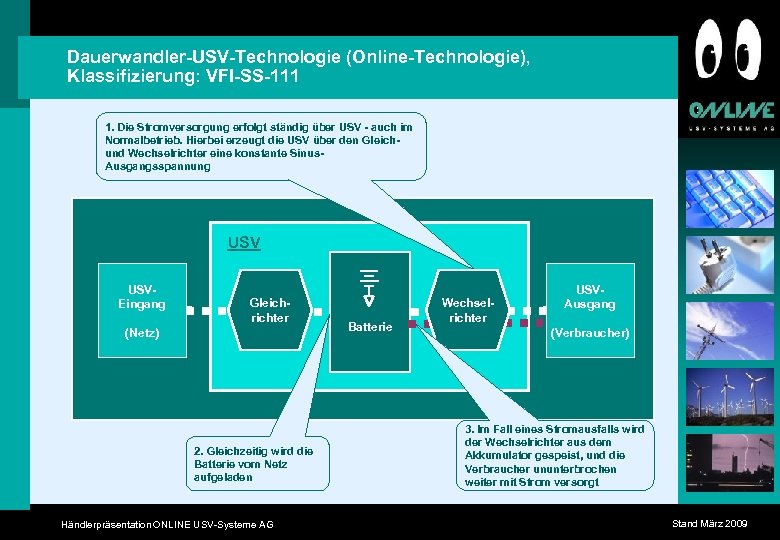Dauerwandler-USV-Technologie (Online-Technologie), Klassifizierung: VFI-SS-111 1. Die Stromversorgung erfolgt ständig über USV - auch im