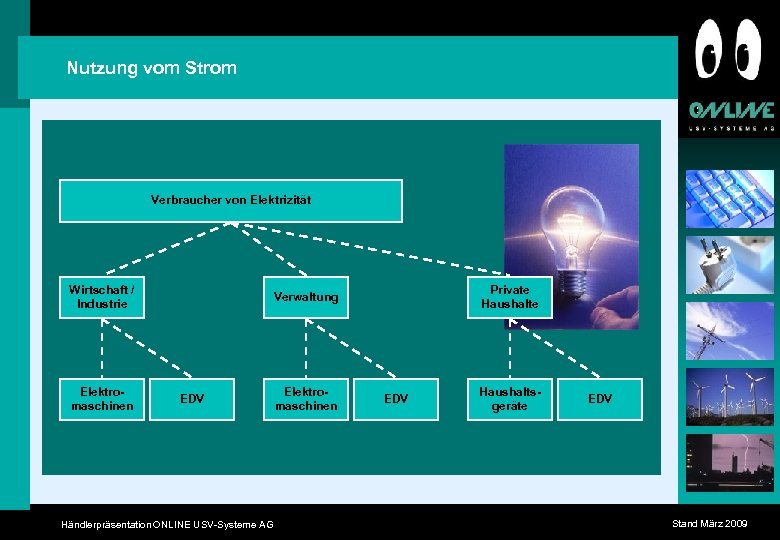 Nutzung vom Strom Verbraucher von Elektrizität Wirtschaft / Industrie Elektromaschinen Private Haushalte Verwaltung EDV