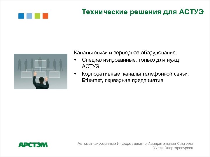 Технические решения для АСТУЭ Каналы связи и серверное оборудование: • Специализированные, только для нужд