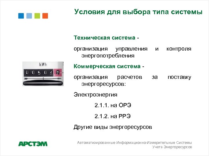 Условия для выбора типа системы Техническая система организация управления энергопотребления и контроля за поставку