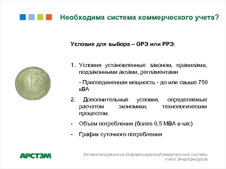Необходима система коммерческого учета? Условия для выбора – ОРЭ или РРЭ: 1. Условия установленные