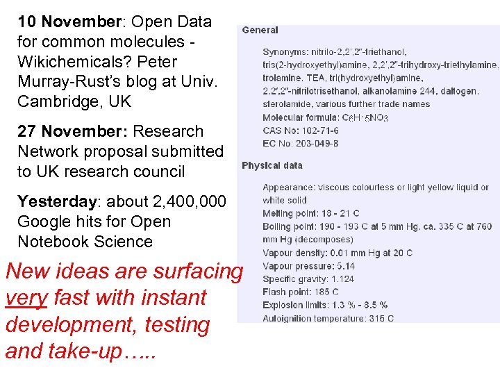 10 November: Open Data for common molecules Wikichemicals? Peter Murray-Rust’s blog at Univ. Cambridge,