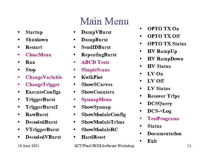Main Menu • • • • Startup Shutdown Restart Cloac. Menu Run Stop Change.
