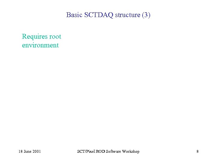Basic SCTDAQ structure (3) Requires root environment 18 June 2001 SCT/Pixel ROD Software Workshop