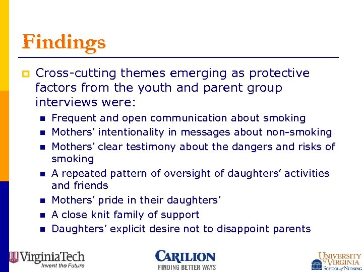 Findings p Cross-cutting themes emerging as protective factors from the youth and parent group