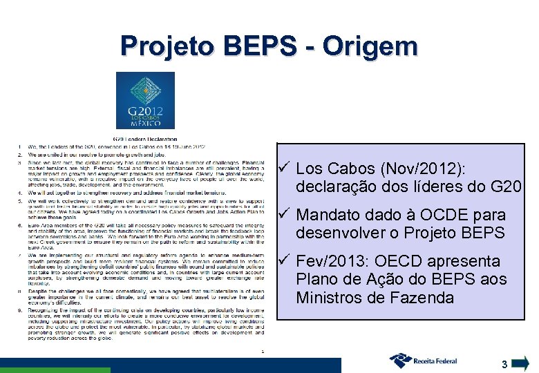 Projeto BEPS - Origem Los Cabos (Nov/2012): declaração dos líderes do G 20 Mandato