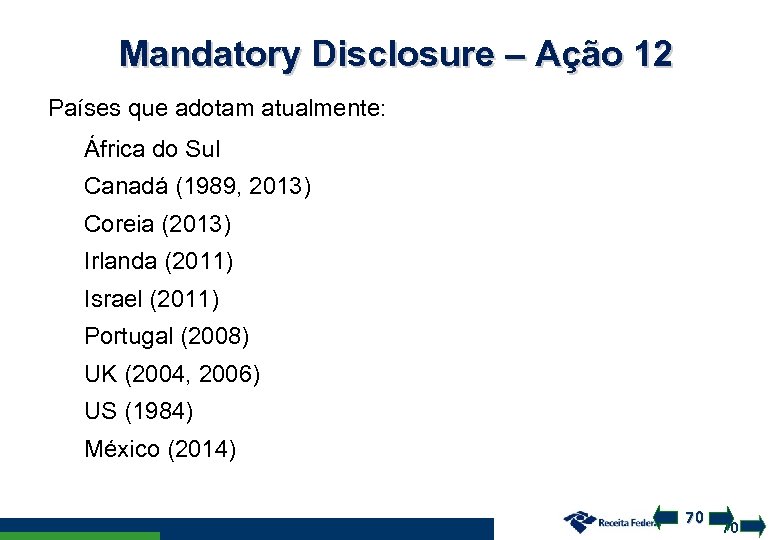 Mandatory Disclosure – Ação 12 Países que adotam atualmente: África do Sul Canadá (1989,