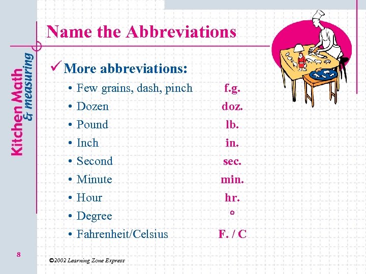 Name the Abbreviations ü More abbreviations: • • • 8 Few grains, dash, pinch