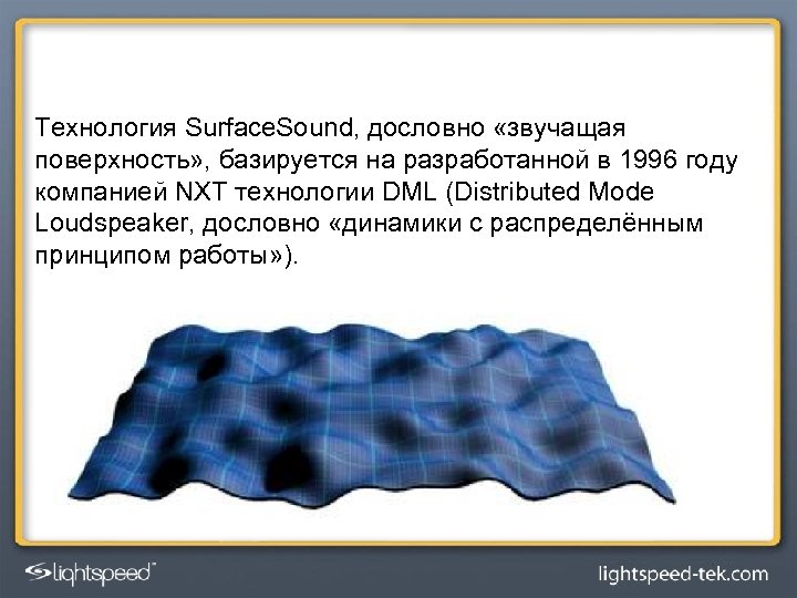 Технология Surface. Sound, дословно «звучащая поверхность» , базируется на разработанной в 1996 году компанией