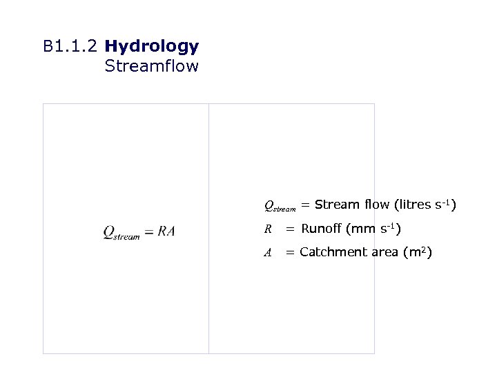 B 1. 1. 2 Hydrology Streamflow Qstream = Stream flow (litres s-1) R =