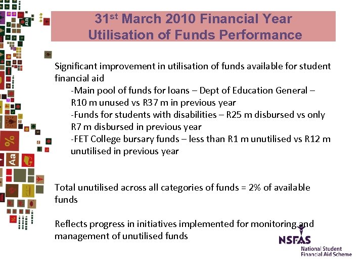 31 st March 2010 Financial Year Utilisation of Funds Performance Significant improvement in utilisation