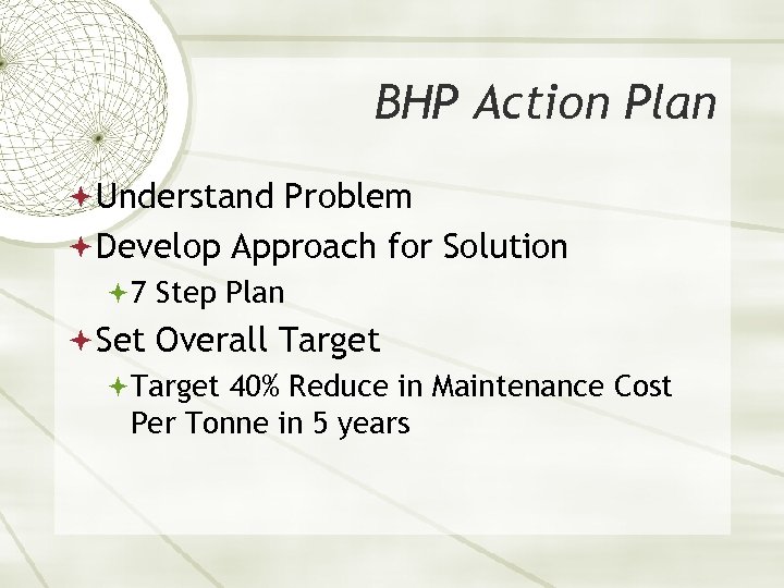 BHP Action Plan Understand Problem Develop Approach for Solution 7 Step Plan Set Overall