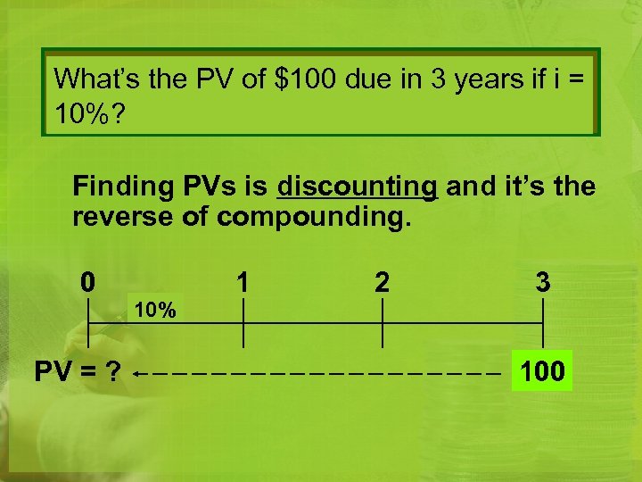 What’s the PV of $100 due in 3 years if i = 10%? Finding