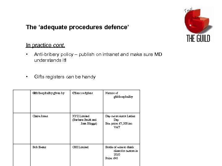 The ‘adequate procedures defence’ In practice cont. • Anti-bribery policy – publish on intranet