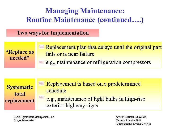 Managing Maintenance: Routine Maintenance (continued…. ) Two ways for implementation “Replace as needed” Replacement