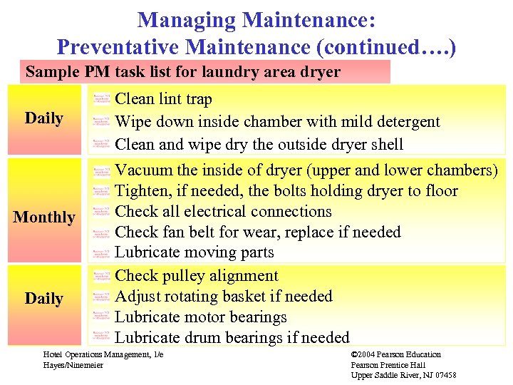 Managing Maintenance: Preventative Maintenance (continued…. ) Sample PM task list for laundry area dryer