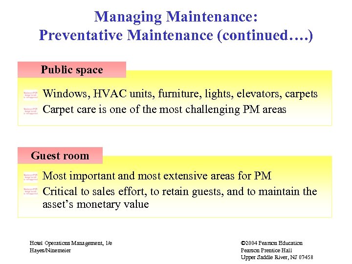 Managing Maintenance: Preventative Maintenance (continued…. ) Public space Windows, HVAC units, furniture, lights, elevators,