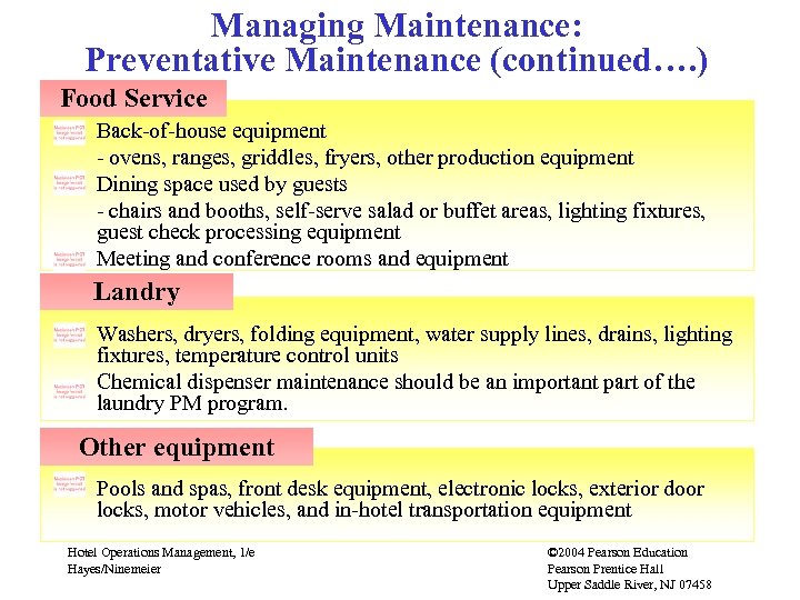 Managing Maintenance: Preventative Maintenance (continued…. ) Food Service Back-of-house equipment - ovens, ranges, griddles,