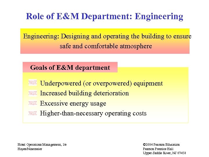 Role of E&M Department: Engineering: Designing and operating the building to ensure safe and