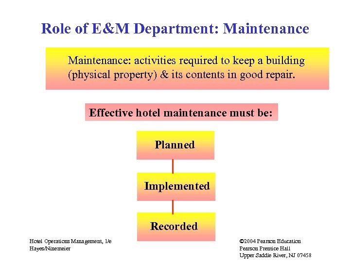 Role of E&M Department: Maintenance: activities required to keep a building (physical property) &