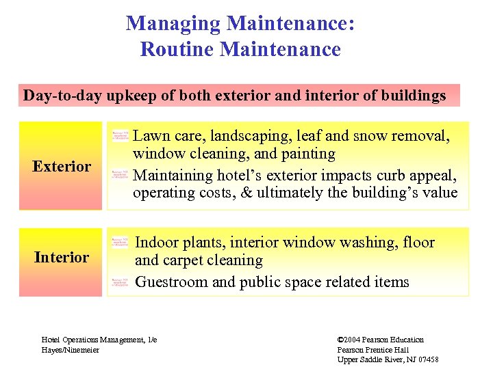 Managing Maintenance: Routine Maintenance Day-to-day upkeep of both exterior and interior of buildings Exterior