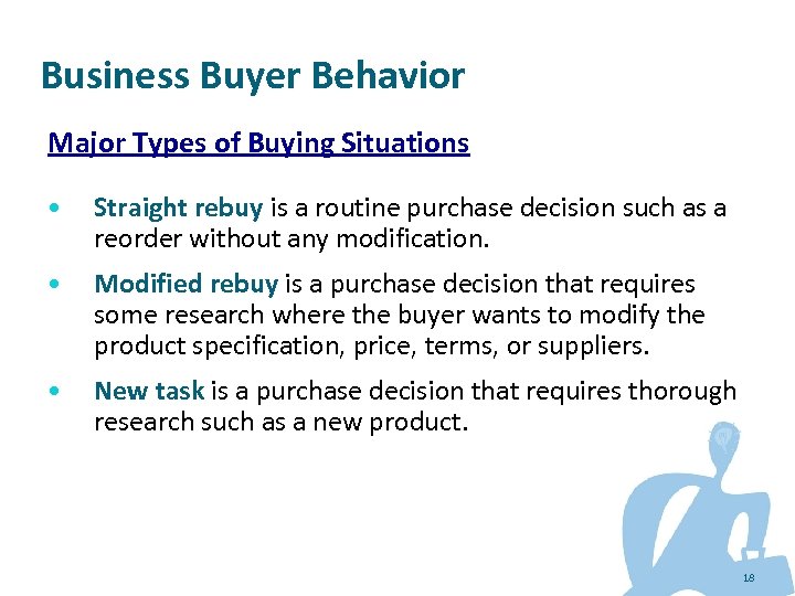 Business Buyer Behavior Major Types of Buying Situations • Straight rebuy is a routine