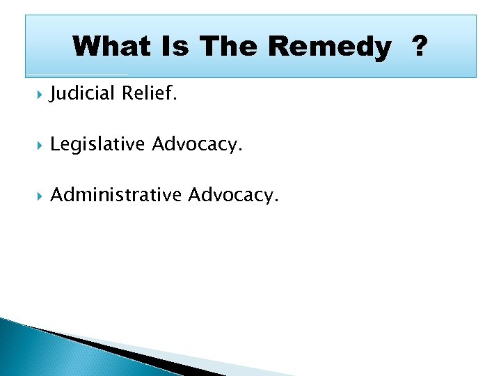 What Is The Remedy ? Judicial Relief. Legislative Advocacy. Administrative Advocacy. 