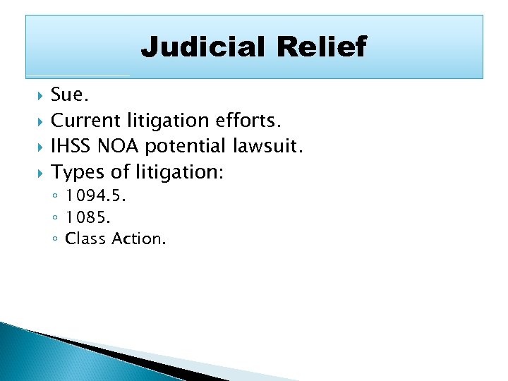 Judicial Relief Sue. Current litigation efforts. IHSS NOA potential lawsuit. Types of litigation: ◦