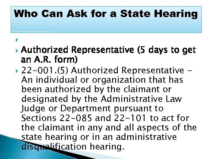 Who Can Ask for a State Hearing Authorized Representative (5 days to get an