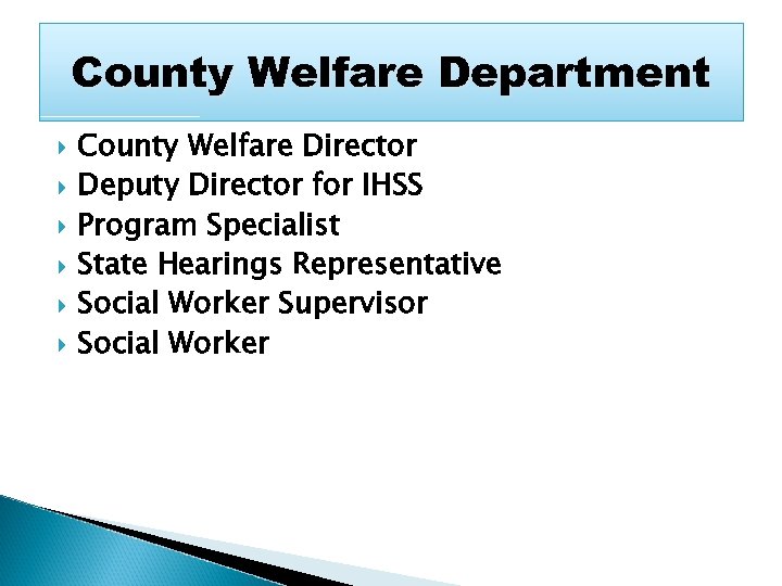 County Welfare Department County Welfare Director Deputy Director for IHSS Program Specialist State Hearings