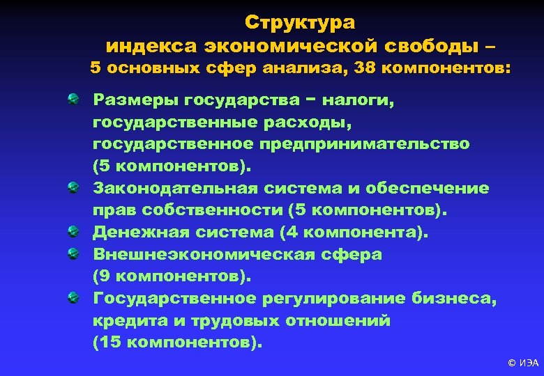 Структура индекса экономической свободы – 5 основных сфер анализа, 38 компонентов: Размеры государства −