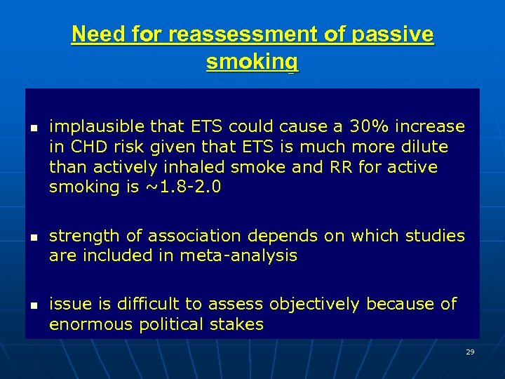 Need for reassessment of passive smoking n n n implausible that ETS could cause