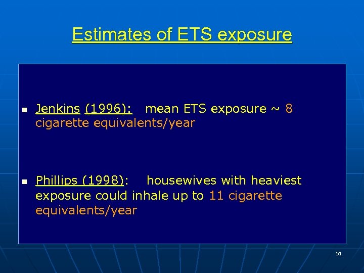 Estimates of ETS exposure n n Jenkins (1996): mean ETS exposure ~ 8 cigarette